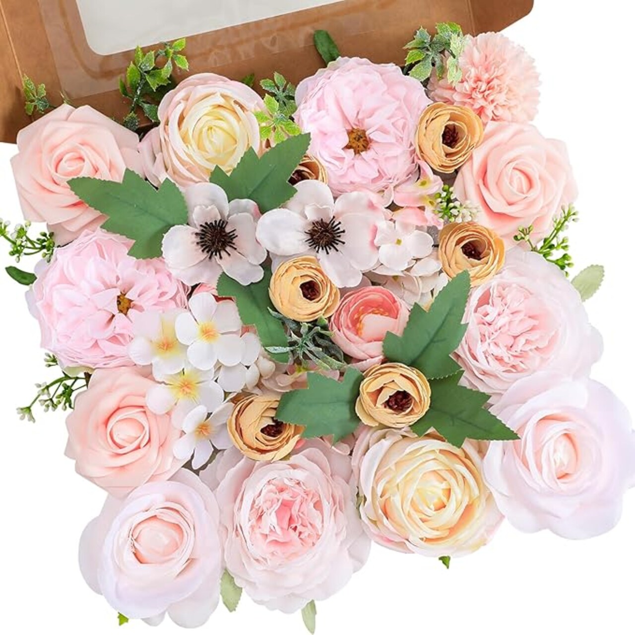 Senseya Blush Pink Artificial Flowers Combo - 24pc Silk Roses, Peonies & Dahlias with Stems for DIY Wedding Bouquets, Centerpieces & Baby Shower Decor - Designer Floral Box by Mark de Ruijter